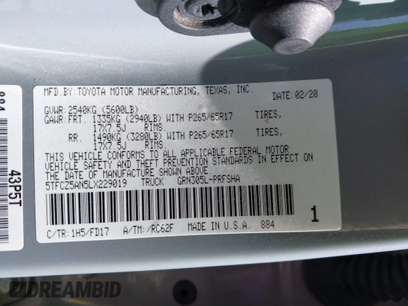 2020 Toyota Tacoma SR5 z VIN 5TFCZ5AN5LX229019, wystawiony jako IAAI lot #41907694 z przebiegiem 79 355 mil mil oraz . Historia ofert i sprzedaży dostępna na DreamBid. Obrazek 9.