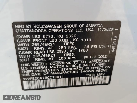 2024 Volkswagen Atlas SEL Premium R-Line with VIN 1V2FE2CA7RC219611, listed as a Copart auction lot 46862235 with 17,570 mi miles and Salvage title. Bid and sale history available at DreamBid. Image 16.