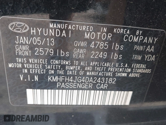 2013 Hyundai Azera with VIN KMHFH4JG4DA243182, listed as a IAAI auction lot 42403300 with 237,975 mi miles and . Bid and sale history available at DreamBid. Image 9.