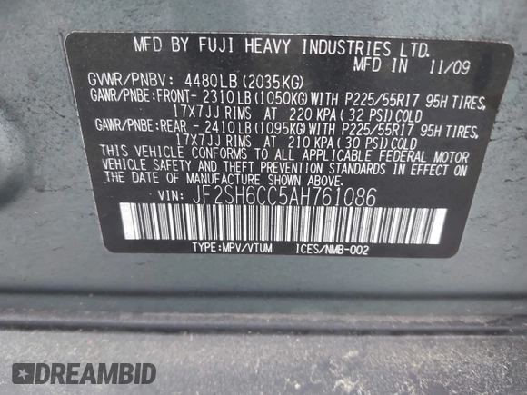 2010 Subaru Forester X Premium с VIN JF2SH6CC5AH761086, выставлен на аукционе IAAI как лот 42502636 с пробегом 147 266 миль миль и . История ставок и продаж доступна на DreamBid. Изображение 9.