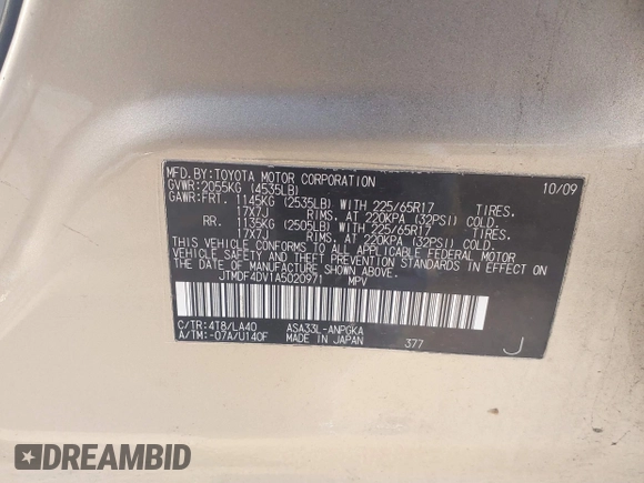 2010 Toyota RAV4 Ltd with VIN JTMDF4DV1A5020971, listed as a IAAI auction lot 41336888 with 214,838 mi miles. Bid and sale history available at carsss.com. Image 9.