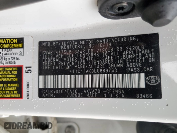 2020 Toyota Camry LE with VIN 4T1C11AK0LU889763, listed as a Copart auction lot 43475175 with 59,186 mi miles and Salvage Title. Bid and sale history available at carsss.com. Image 12.