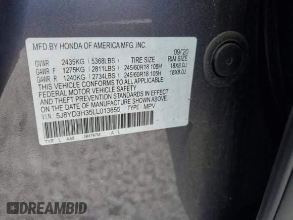 2020 Acura MDX with VIN 5J8YD3H35LL013855, listed as a Copart auction lot 54651515 with 83,778 mi miles and Salvage title. Bid and sale history available at DreamBid. Image 13.