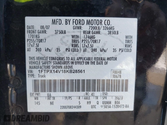 2008 Ford F-150 XLT with VIN 1FTPX14V18KB28561, listed as a IAAI auction lot 41571919 with 134,204 mi miles. Bid and sale history available at carsss.com. Image 9.