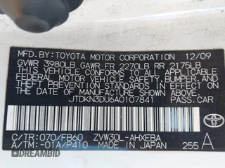 2010 Toyota Prius II with VIN JTDKN3DU6A0107841, listed as a IAAI auction lot 41907477 with 169,554 mi miles. Bid and sale history available at carsss.com. Image 9.
