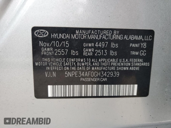 2016 Hyundai Sonata Sport with VIN 5NPE34AF0GH342939, listed as a Copart auction lot 53193655 with 69,352 mi miles and Clean Title. Bid and sale history available at DreamBid. Image 12.