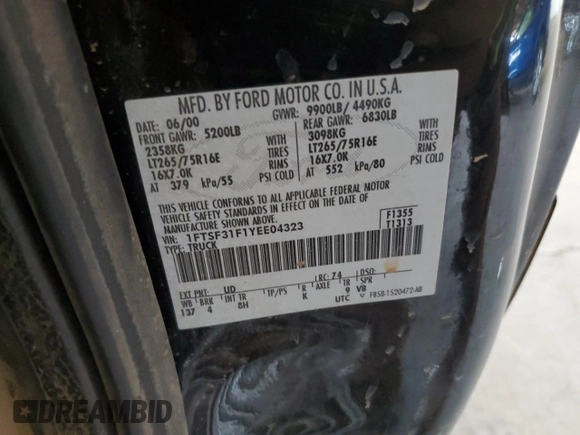 2000 Ford F-350 XL with VIN 1FTSF31F1YEE04323, listed as a Copart auction lot 46027985 with 191,682 mi miles and Salvage Title. Bid and sale history available at DreamBid. Image 12.