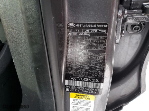 2016 Land Rover Discovery Sport HSE LUX with VIN SALCT2BG4GH582196, listed as a Copart auction lot 44586805 with 57,960 mi miles and Salvage Title. Bid and sale history available at carsss.com. Image 14.