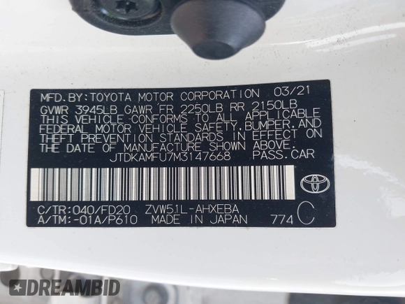 2021 Toyota Prius L Eco with VIN JTDKAMFU7M3147668, listed as a IAAI auction lot 42390394 with 80,831 mi miles and . Bid and sale history available at DreamBid. Image 9.