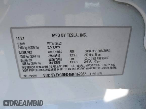 2021 Tesla Model Y Standard Range z VIN 5YJYGDED4MF162982, wystawiony jako IAAI lot #41378674 z przebiegiem 60 267 mil mil oraz . Historia ofert i sprzedaży dostępna na DreamBid. Obrazek 9.