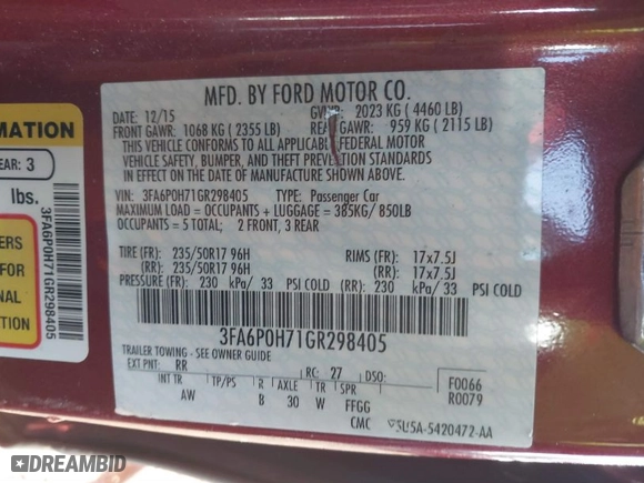 2016 Ford Fusion SE with VIN 3FA6P0H71GR298405, listed as a IAAI auction lot 41763801 with 106,354 mi miles. Bid and sale history available at carsss.com. Image 9.