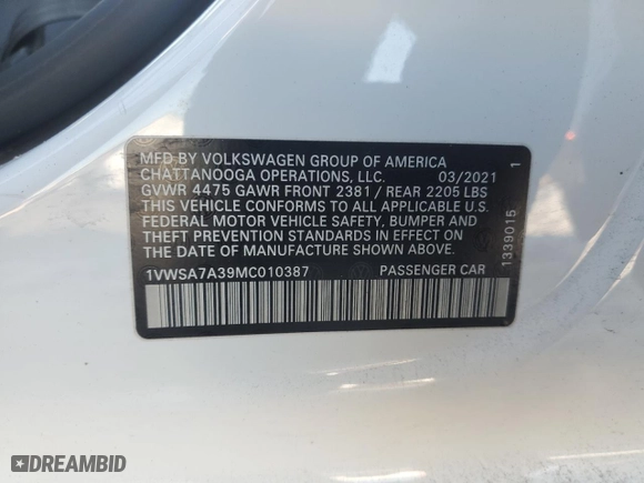 2021 Volkswagen Passat 2.0T SE with VIN 1VWSA7A39MC010387, listed as a Copart auction lot 88812115 with 43,511 mi miles and Salvage Title. Bid and sale history available at carsss.com. Image 12.