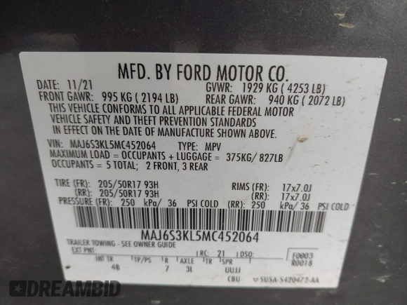 2021 Ford EcoSport Titanium z VIN MAJ6S3KL5MC452064, wystawiony jako IAAI lot #42049689 z przebiegiem 66 056 mil mil oraz . Historia ofert i sprzedaży dostępna na DreamBid. Obrazek 9.