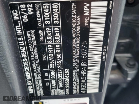 2018 Mercedes-Benz GLE 350 with VIN 4JGDA5HB4JB168775, listed as a Copart auction lot 55840605 with Not provided miles and Non repairable. Bid and sale history available at DreamBid. Image 13.
