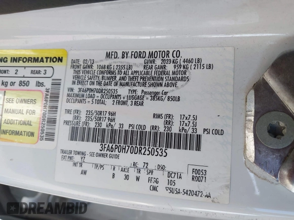 2013 Ford Fusion SE with VIN 3FA6P0H70DR250535, listed as a IAAI auction lot 42741451 with 178,957 mi miles and . Bid and sale history available at DreamBid. Image 9.