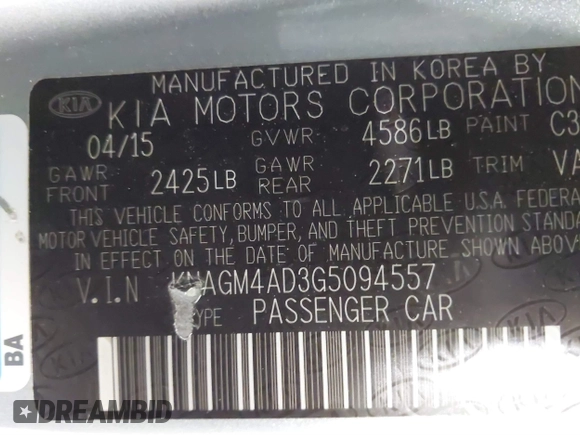 2016 Kia Optima Hybrid with VIN KNAGM4AD3G5094557, listed as a IAAI auction lot 41861666 with 68,550 mi miles. Bid and sale history available at carsss.com. Image 9.