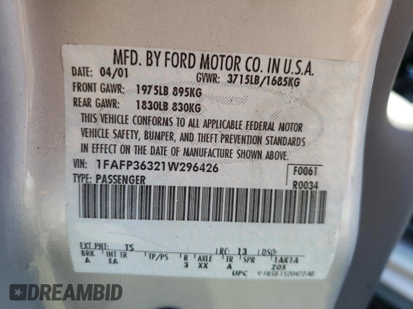 2001 Ford Focus SE with VIN 1FAFP36321W296426, listed as a Copart auction lot 49546555 with 61,051 mi miles and Salvage Title. Bid and sale history available at carsss.com. Image 14.