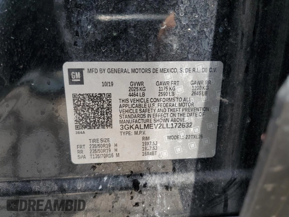 2020 GMC Terrain SLE with VIN 3GKALMEV2LL172632, listed as a Copart auction lot 61428865 with Not provided miles and Salvage title. Bid and sale history available at DreamBid. Image 13.