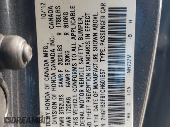 2012 Honda Civic EX with VIN 2HGFB2F81CH601657, listed as a Copart auction lot 55477085 with 152,854 mi miles and Clean Title. Bid and sale history available at DreamBid. Image 12.