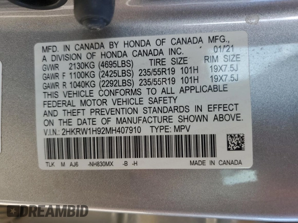 2021 Honda CR-V Touring with VIN 2HKRW1H92MH407910, listed as a Copart auction lot 48894105 with 76,126 mi miles and Salvage Title. Bid and sale history available at carsss.com. Image 13.