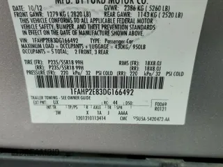 2013 Ford Taurus SEL with VIN 1FAHP2E83DG166492, listed as a Copart auction lot 52167785 with 109,364 mi miles and Salvage Title. Bid and sale history available at carsss.com. Image 12.