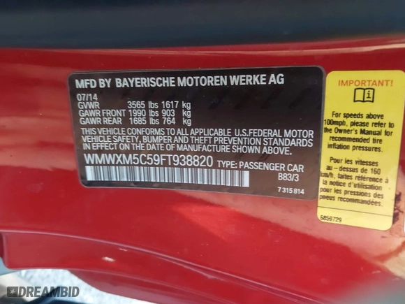 2015 MINI Cooper Hardtop with VIN WMWXM5C59FT938820, listed as a IAAI auction lot 41707992 with 135,545 mi miles. Bid and sale history available at carsss.com. Image 9.