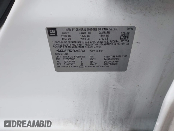 2015 GMC Terrain Denali with VIN 2GKALUEK2F6163041, listed as a IAAI auction lot 41564760 with 106,759 mi miles. Bid and sale history available at carsss.com. Image 9.