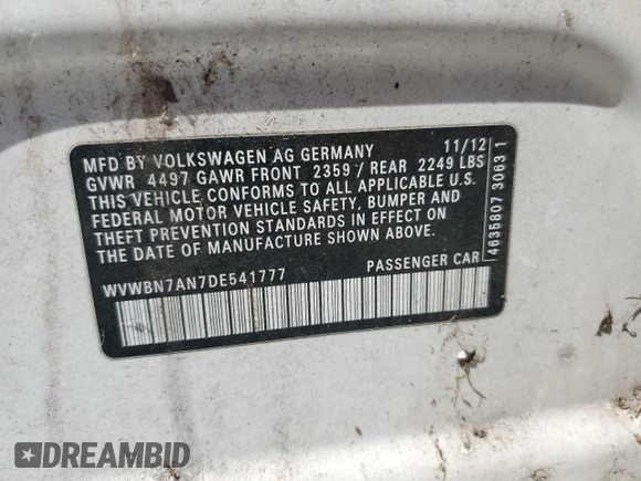 2013 Volkswagen CC Sport with VIN WVWBN7AN7DE541777, listed as a Copart auction lot 55121735 with 132,829 mi miles and Clean Title. Bid and sale history available at carsss.com. Image 12.