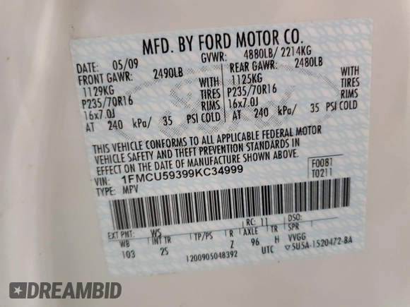 2009 Ford Escape Hybrid with VIN 1FMCU59399KC34999, listed as a Copart auction lot 53332225 with 200,112 mi miles and Clean title. Bid and sale history available at DreamBid. Image 13.
