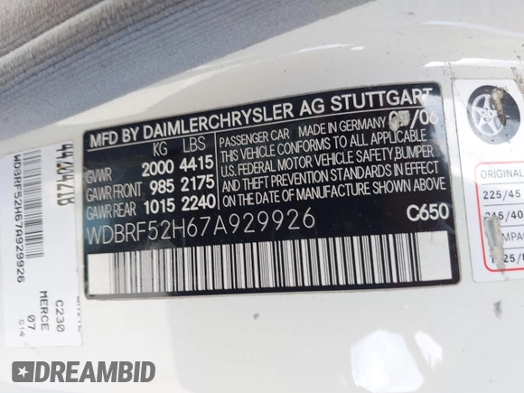 2007 Mercedes-Benz C 230 Sport with VIN WDBRF52H67A929926, listed as a IAAI auction lot 42008501 with 188,076 mi miles and . Bid and sale history available at DreamBid. Image 9.