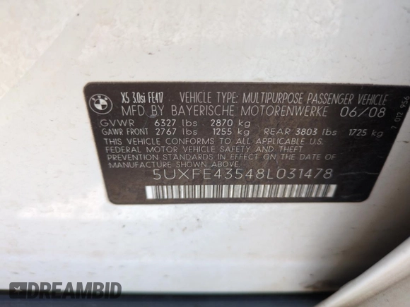 2008 BMW X5 3.0si z VIN 5UXFE43548L031478, wystawiony jako Copart lot #59392505 z przebiegiem Nie podano mil oraz Szkoda całkowita • Salvage title. Historia ofert i sprzedaży dostępna na DreamBid. Obrazek 12.