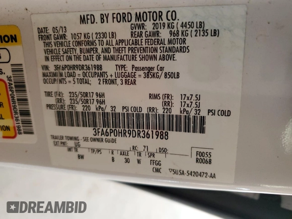 2013 Ford Fusion SE with VIN 3FA6P0HR9DR361988, listed as a Copart auction lot 58756875 with 110,007 mi miles and Salvage title. Bid and sale history available at DreamBid. Image 13.