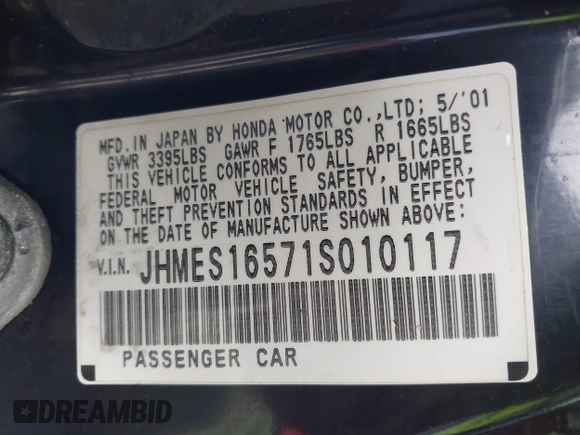 2001 Honda Civic LX with VIN JHMES16571S010117, listed as a IAAI auction lot 42207199 with 194,825 mi miles and . Bid and sale history available at DreamBid. Image 9.