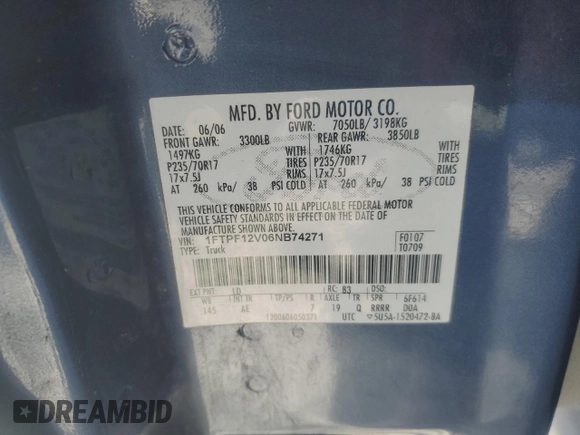 2006 Ford F-150 XL with VIN 1FTPF12V06NB74271, listed as a Copart auction lot 41671455 with 0 mi miles and Salvage Title. Bid and sale history available at carsss.com. Image 12.