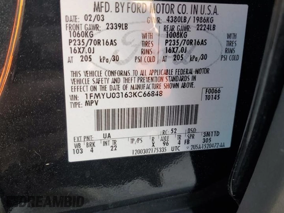 2003 Ford Escape XLT Popular with VIN 1FMYU03163KC66848, listed as a Copart auction lot 53102465 with 79,158 mi miles and Salvage title. Bid and sale history available at DreamBid. Image 14.
