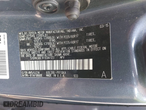 2015 Toyota Sienna XLE with VIN 5TDYK3DC1FS594123, listed as a IAAI auction lot 41944711 with 208,249 mi miles. Bid and sale history available at carsss.com. Image 9.