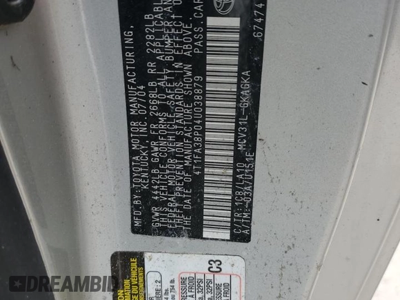 2004 Toyota Solara SE with VIN 4T1FA38P04U038879, listed as a Copart auction lot 74352164 with Not Provided miles and Salvage Title. Bid and sale history available at DreamBid. Image 13.