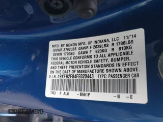 2015 Honda Civic Sedan EX with VIN 19XFB2F84FE020443, listed as a IAAI auction lot 42030422 with Not Provided miles. Bid and sale history available at carsss.com. Image 9.