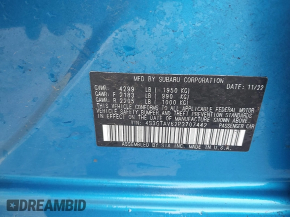 2023 Subaru Impreza Premium with VIN 4S3GTAV62P3707442, listed as a IAAI auction lot 41509344 with 25,489 mi miles and . Bid and sale history available at DreamBid. Image 9.
