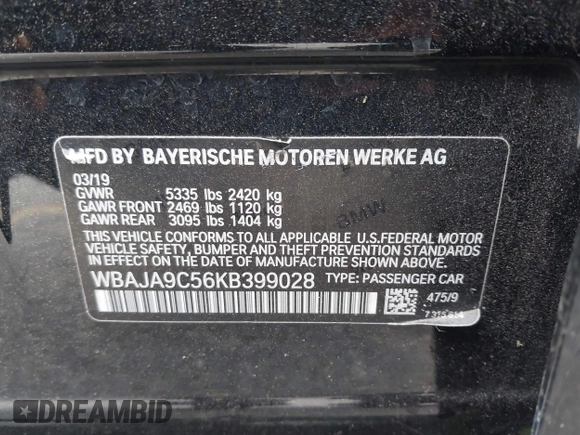 2019 BMW 5 Series 530e с VIN WBAJA9C56KB399028, выставлен на аукционе IAAI как лот 42068202 с пробегом 124 068 миль миль и . История ставок и продаж доступна на DreamBid. Изображение 9.