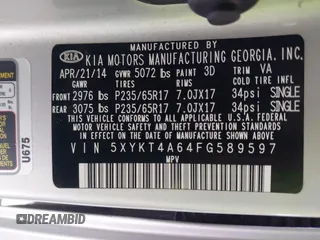 2015 Kia Sorento LX with VIN 5XYKT4A64FG589597, listed as a IAAI auction lot 42068816 with 107,948 mi miles. Bid and sale history available at carsss.com. Image 9.