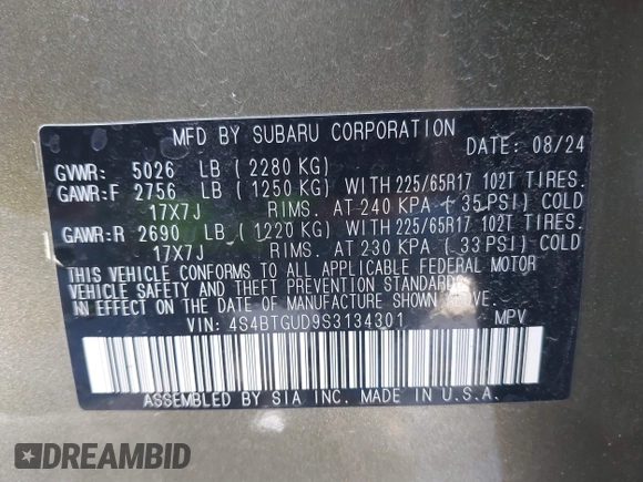 2025 Subaru Outback Wilderness с VIN 4S4BTGUD9S3134301, выставлен на аукционе IAAI как лот 41711750 с пробегом 7 412 миль миль и . История ставок и продаж доступна на DreamBid. Изображение 9.