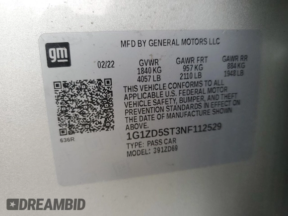 2022 Chevrolet Malibu LT with VIN 1G1ZD5ST3NF112529, listed as a Copart auction lot 51960375 with 39,798 mi miles and Non Repairable. Bid and sale history available at DreamBid. Image 13.