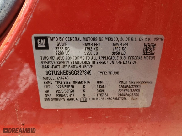 2016 GMC Sierra 1500 SLT with VIN 3GTU2NEC5GG327849, listed as a Copart auction lot 49600475 with 136,626 mi miles and Salvage Title. Bid and sale history available at carsss.com. Image 12.