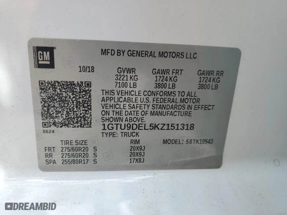 2019 GMC Sierra 1500 SLT with VIN 1GTU9DEL5KZ151318, listed as a Copart auction lot 52094445 with 134,260 mi miles and Clean Title. Bid and sale history available at carsss.com. Image 12.