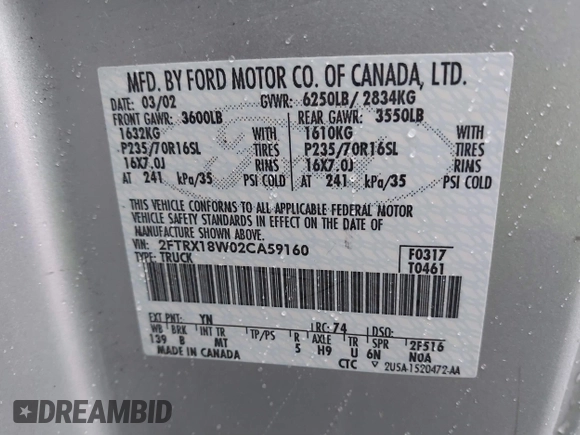 2002 Ford F-150 XL with VIN 2FTRX18W02CA59160, listed as a IAAI auction lot 41610058 with 190,608 mi miles and . Bid and sale history available at DreamBid. Image 9.