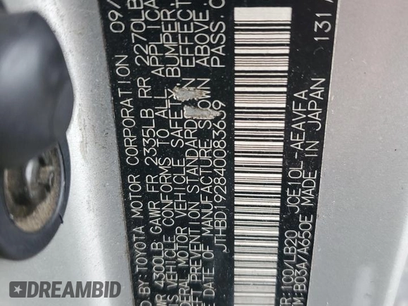 2004 Lexus IS 300/350 with VIN JTHBD192840083639, listed as a Copart auction lot 55603385 with 270,236 mi miles and Clean Title. Bid and sale history available at DreamBid. Image 12.