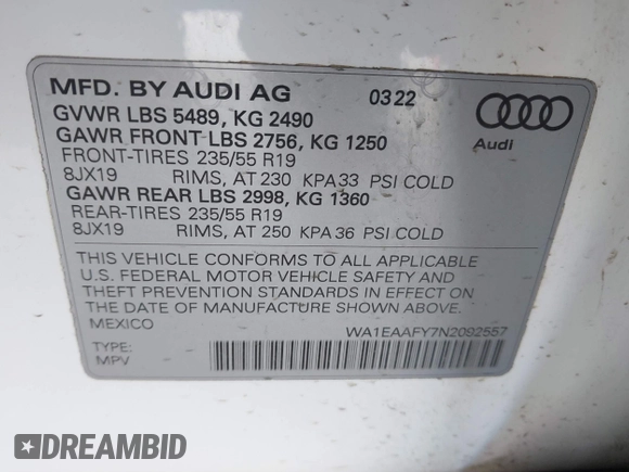 2022 Audi Q5 S line Premium Plus with VIN WA1EAAFY7N2092557, listed as a IAAI auction lot 41596625 with 50,217 mi miles. Bid and sale history available at carsss.com. Image 9.