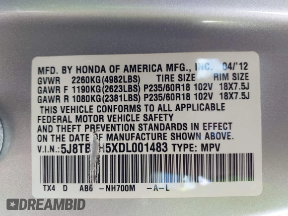 2013 Acura RDX Technology with VIN 5J8TB4H5XDL001483, listed as a IAAI auction lot 42524720 with 134,576 mi miles and . Bid and sale history available at DreamBid. Image 9.