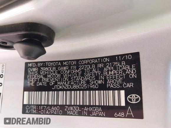 2011 Toyota Prius I with VIN JTDKN3DU8B0251960, listed as a IAAI auction lot 41413533 with 132,094 mi miles and . Bid and sale history available at DreamBid. Image 9.